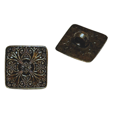 Schwarzer, quadratischer Trachtenknopf TK-32 aus Metall mit filigranem Blumenmuster – perfekt für Dirndl, Janker, Westen & DIY-Trachtenprojekte
