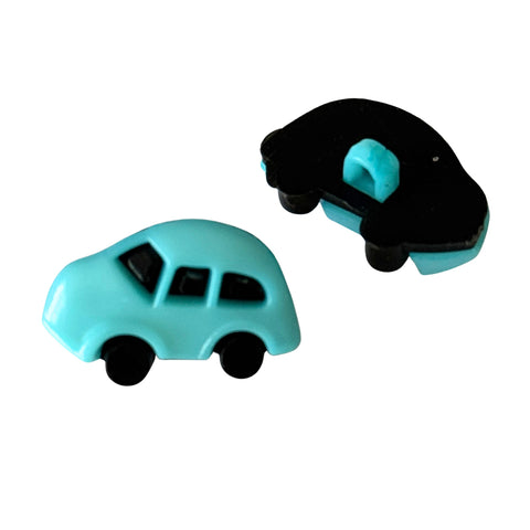 Kinderknopf Auto türkis schwarz aus Kunststoff mit Öse auf der Rückseite