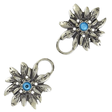 Dirndl Miederschnalle Edelweiß mit Aquamarin, silberfarben – Trachtenschmuck von Knopftruhe