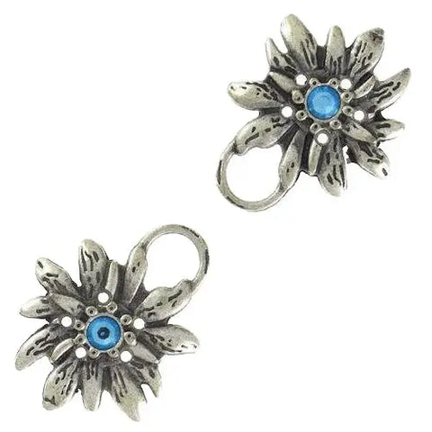 Miederöse -Miederverschluss Edelweiß Metall silberfarben Crystal Stein aquamarin Trachtenschmuck von Knopftruhe