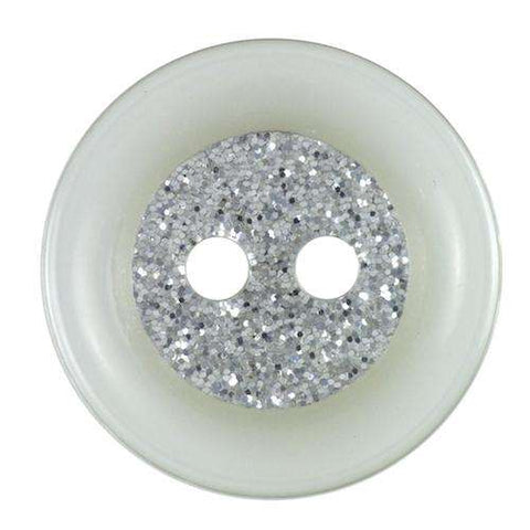Knopf weiß 2-Loch mit Silber Glitzer in der Mitte Größe 18 mm
