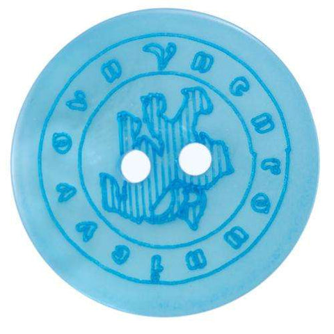 Kunststoff Knopf türkis blau mit Wappen als 2-Loch Knopf flach