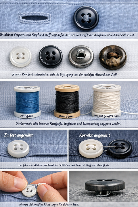 Knöpfe richtig annähen – Garn, Abstand & Technik