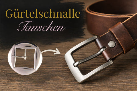 Gürtelschnalle austauschen – alte Kunststoffschnalle wird gegen eine Metallschnalle mit Dorn am Ledergürtel getauscht