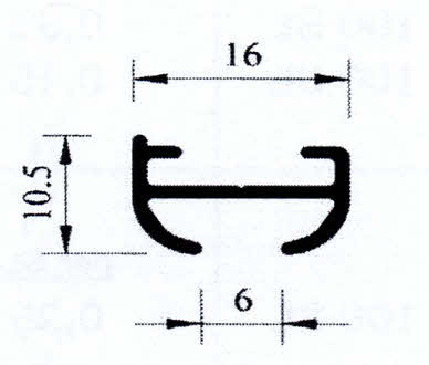 Technische Querschnittszeichnung eines Profils mit Massangaben 16, 10,5 und 6 mm, schwarz-weiss