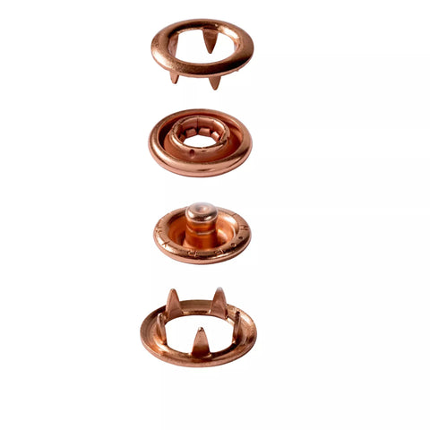 Einzelteile der Prym Jersey Druckknöpfe Ring 10 mm in Kupfer mit Ringscheibe und Verschlussmechanik