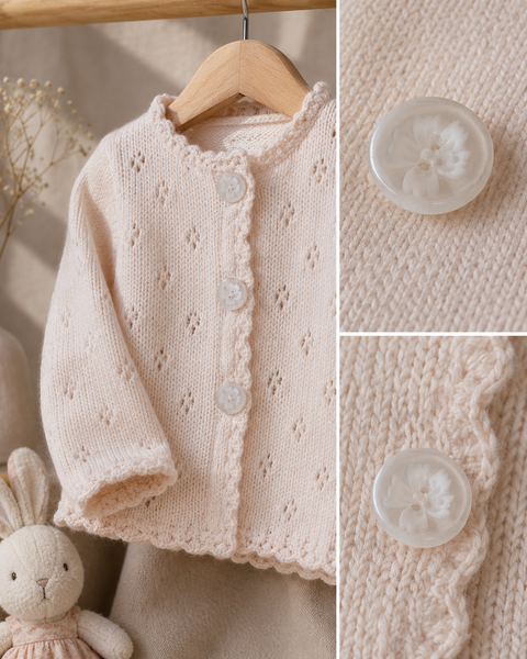 Kinderstrickjacke mit Blümchenknopf weiß Transparent