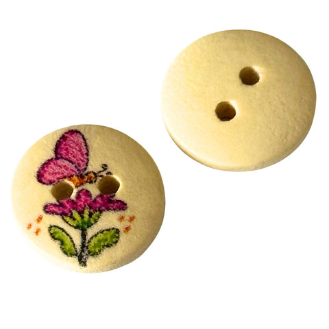 Kinderknopf Blume mit Schmetterling natur, Holzknopf, 2-Loch KK-68-12