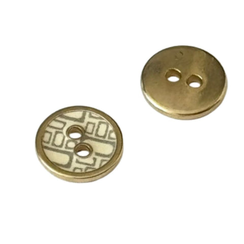 Retro Metallknopf MK-37 in Gold mit creme-grauem Muster als 2-Loch-Knopf in 11 mm 12 mm und 15 mm
