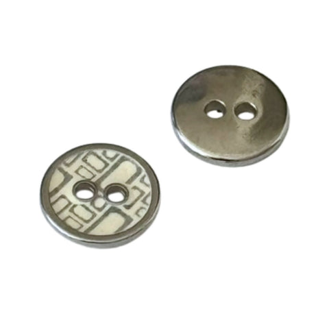 Retro Metallknopf MK-37 in Silber mit creme-grauem Muster als 2-Loch-Knopf in 11 mm 12 mm und 15 mm