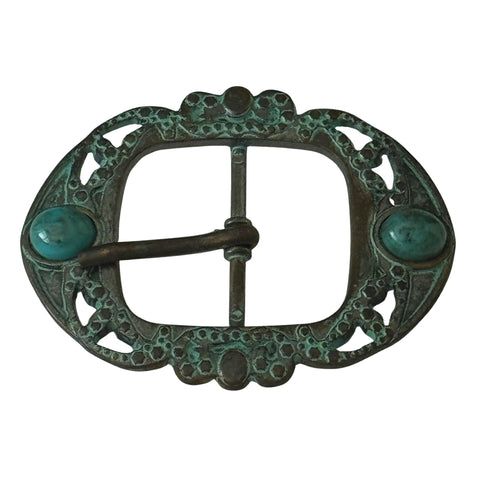 Trachten-Gürtelschnalle TS-72 mit Ornament und türkisfarbenen Schmucksteinen in Antikpatina