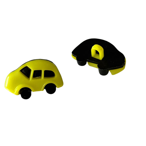 Kinderknopf Auto Gelb schwarz aus Kunststoff mit Öse auf der Rückseite