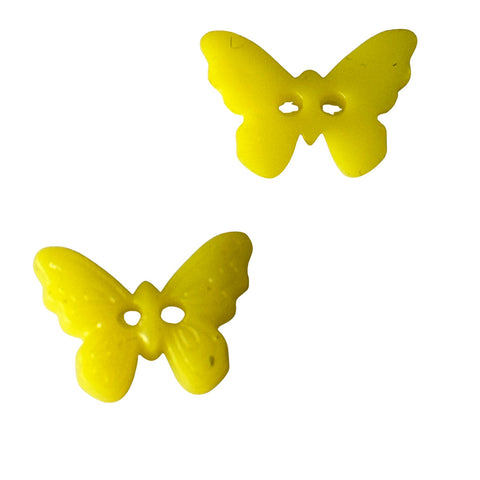 Gelber Kinderknopf in Schmetterlingsform aus Kunststoff mit 2-Loch-Befestigung und 15 mm Größe