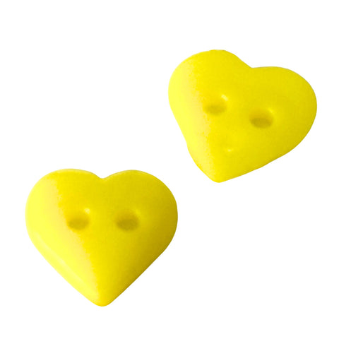 Gelber herzförmiger  Mini Kinderknopf aus Kunststoff mit 2 Löchern in 10 mm Größe