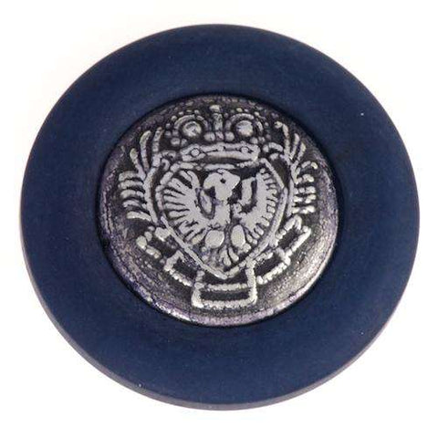 Kunststoff Ösen Knopf dunkel Blau matt mit altsilbernen Adler Wappen aus Metall