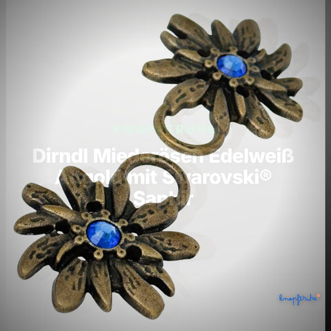 Dirndl Miederösen Edelweiß Altgold mit Swarovski® Saphir – TS-100 – Clean Showcase