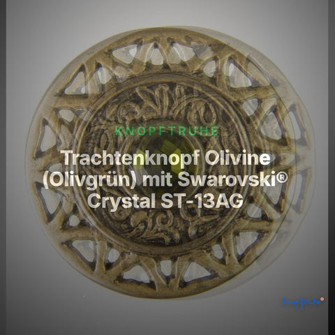 Trachtenknopf Olivine (Olivgrün) mit Swarovski® Crystal ST-13AG Altgold – Clean Showcase