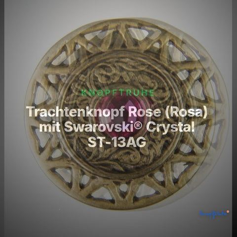 Trachtenknopf Rose (Rosa) mit Swarovski® Crystal ST-13AG Altgold – Clean Showcase