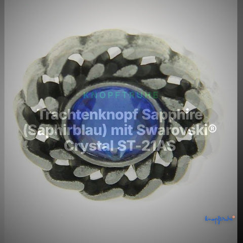 Trachtenknopf Sapphire (Saphirblau) mit Swarovski® Crystal ST-21AS Altsilber – Clean Showcase