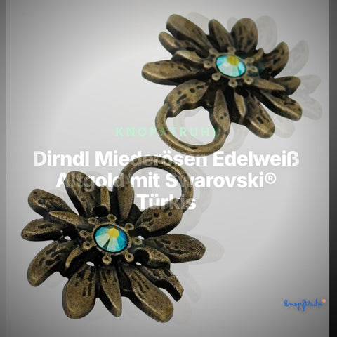 Dirndl Miederösen Edelweiß Altgold mit Swarovski® Türkis – TS-100 – Clean Showcase
