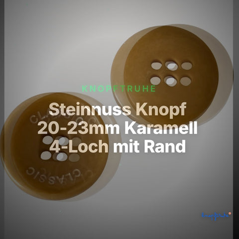 Steinnuss Knopf 20-23mm Karamell 4-Loch mit Rand mit klassischem Schrift-Detail – Clean Showcase