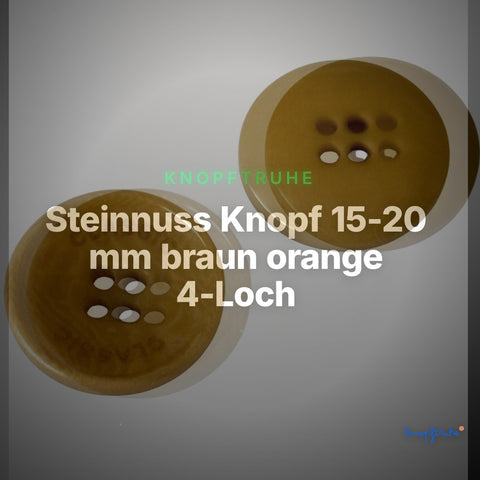 Steinnuss Knopf 15-20 mm braun orange 4-Loch mit Rand mit klassischem Schrift-Detail – Clean Showcase